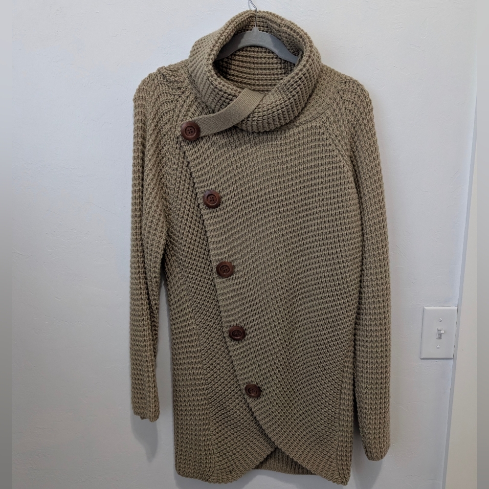 Grecerelle Cozy Brown Asymmetrical Button Sweater Knit Stretch Size XL